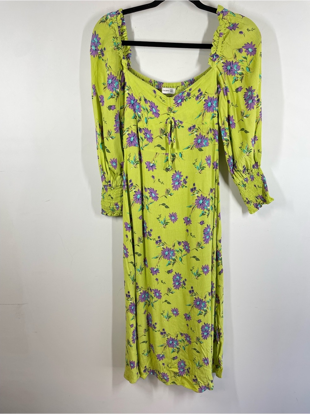 Faithfull The Brand Lime Green Purple Floral Midi Dress Size 2 Boho Cottagecore